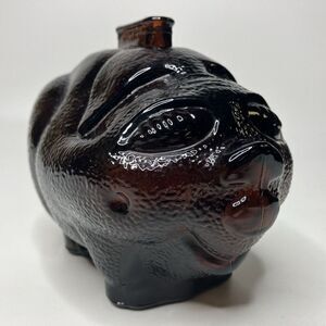 Vtg Dark Amber Art Glass Smiling Piggy Bank 7x5"